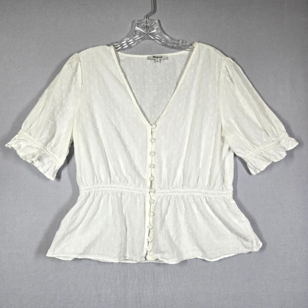 Madewell Cream Swiss Dot Peplum Button-Front Blouse